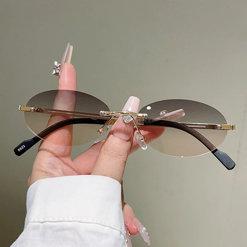 Rimless Oval Sunglasses Women  - Vintage Outdoor Fashion ulasan dan harga
