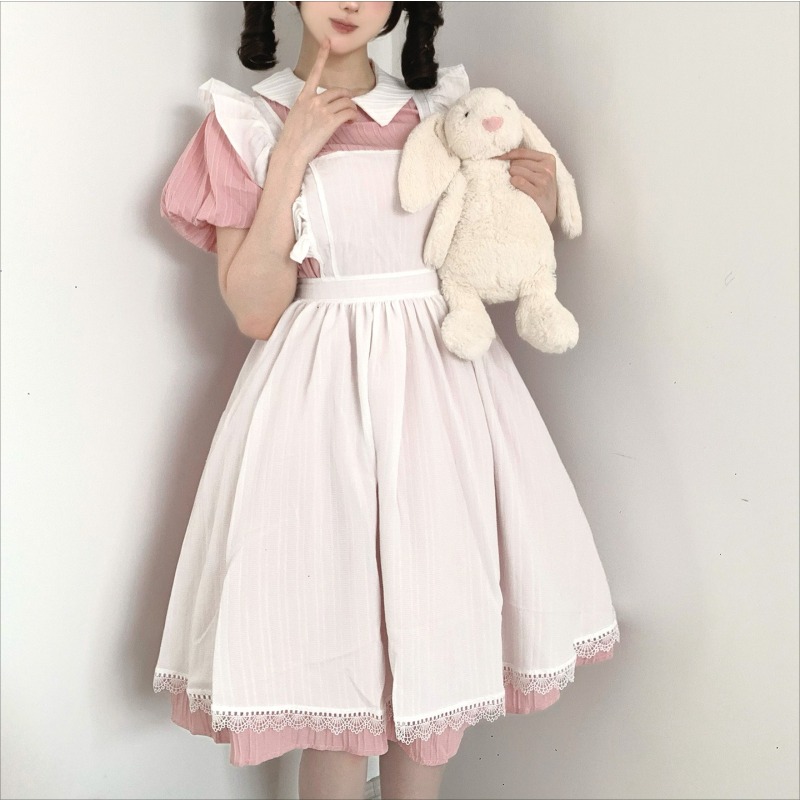 Long Pink White Maid Dress wit - Vintage Fashion Dresses ulasan dan harga
